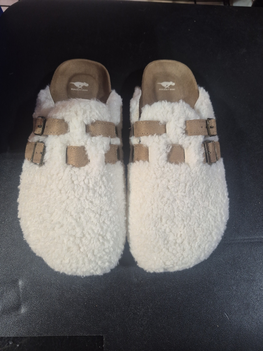 Rocket Dog Cream Faux-Sherpa Slip-On Clogs with Tan Buckle Straps